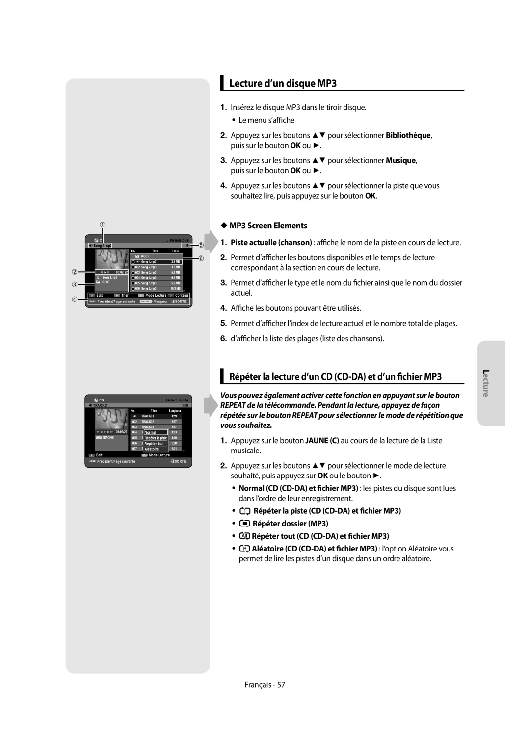 Samsung DVD-SH855/XEF Lecture d’un disque MP3, MP3 Screen Elements, Répéter la lecture d’un CD CD-DA et d’un fichier MP3 