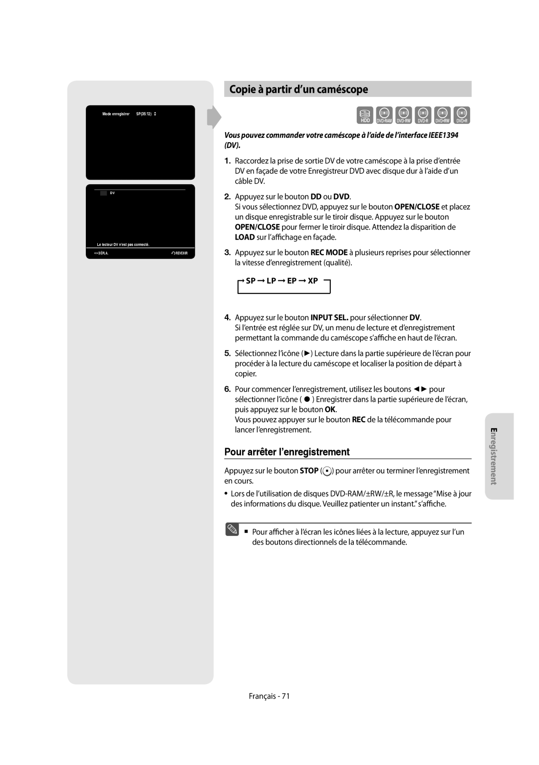 Samsung DVD-SH855/XEF Copie à partir d’un caméscope, Load sur l’affichage en façade, La vitesse d’enregistrement qualité 