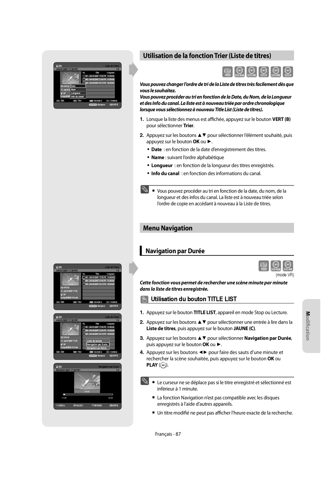 Samsung DVD-SH855/XEF Utilisation de la fonction Trier Liste de titres, Menu Navigation, Navigation par Durée, Longueur 