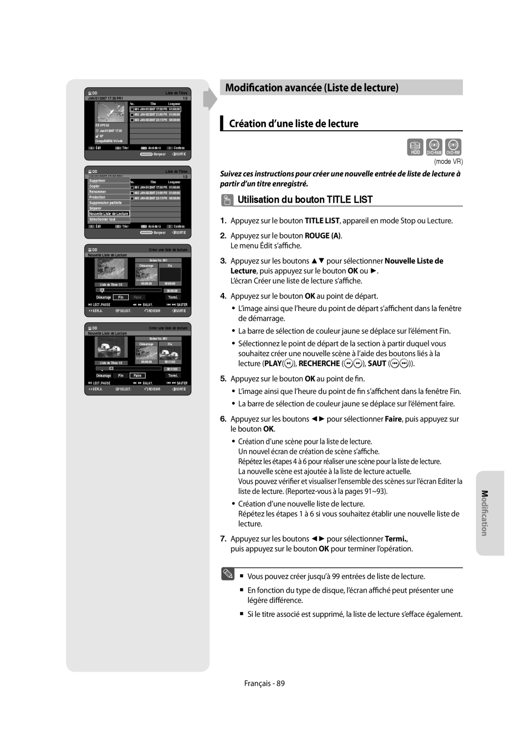 Samsung DVD-SH855/XEF Modification avancée Liste de lecture, Création d’une liste de lecture, Nouvelle Liste de Lecture 