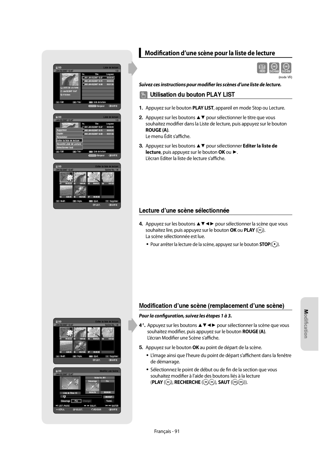 Samsung DVD-SH855/XEF, DVD-SH857/XEF Modification d’une scène pour la liste de lecture, Lecture d’une scène sélectionnée 