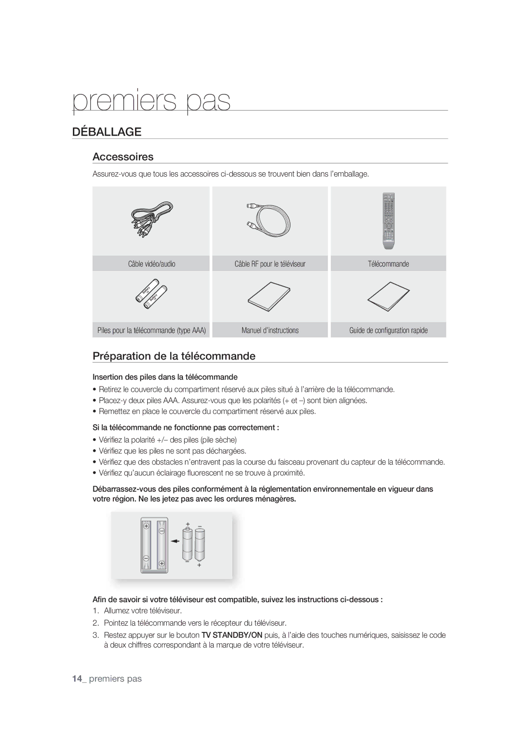 Samsung DVD-SH870/XEF manual Déballage, Accessoires, Préparation de la télécommande 