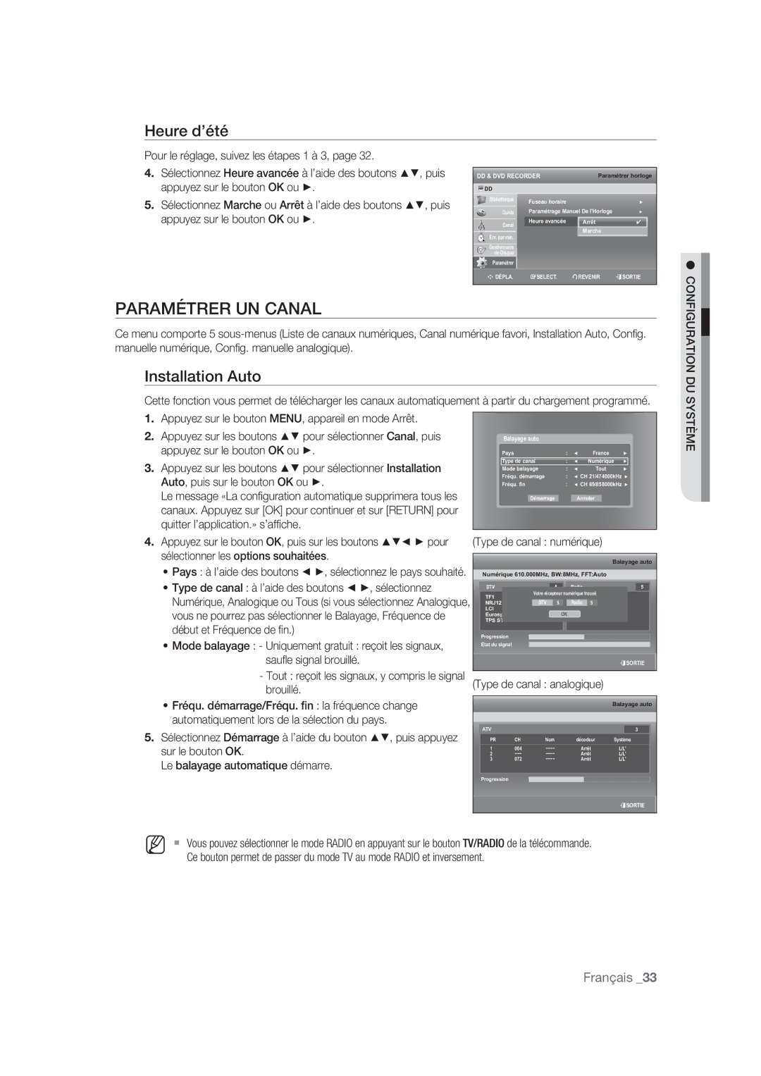 Samsung DVD-SH870/XEF manual Paramétrer UN Canal, Heure d’été, Installation Auto 