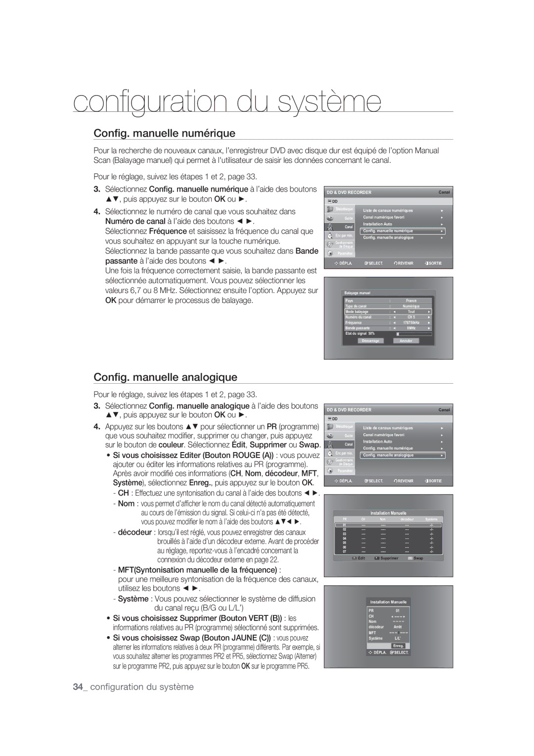 Samsung DVD-SH870/XEF manual Conﬁg. manuelle numérique, Conﬁg. manuelle analogique, Mft 