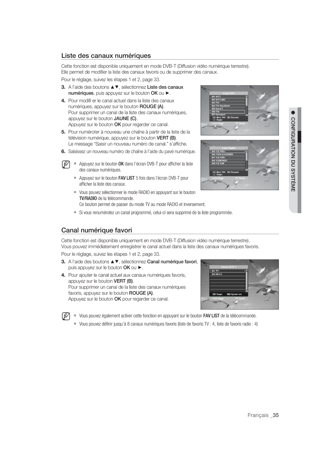 Samsung DVD-SH870/XEF manual Liste des canaux numériques, Canal numérique favori 