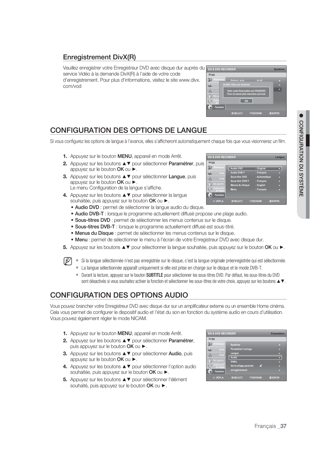 Samsung DVD-SH870/XEF manual Configuration DES Options DE Langue, Configuration DES Options Audio, Enregistrement DivXR 