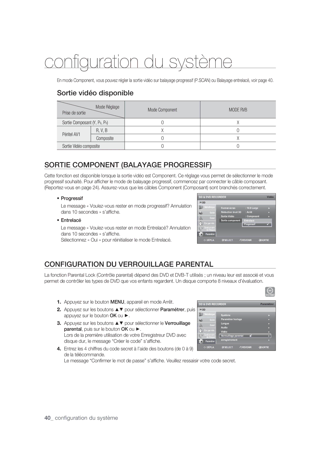 Samsung DVD-SH870/XEF Sortie Component Balayage Progressif, Configuration DU Verrouillage Parental, De la télécommande 