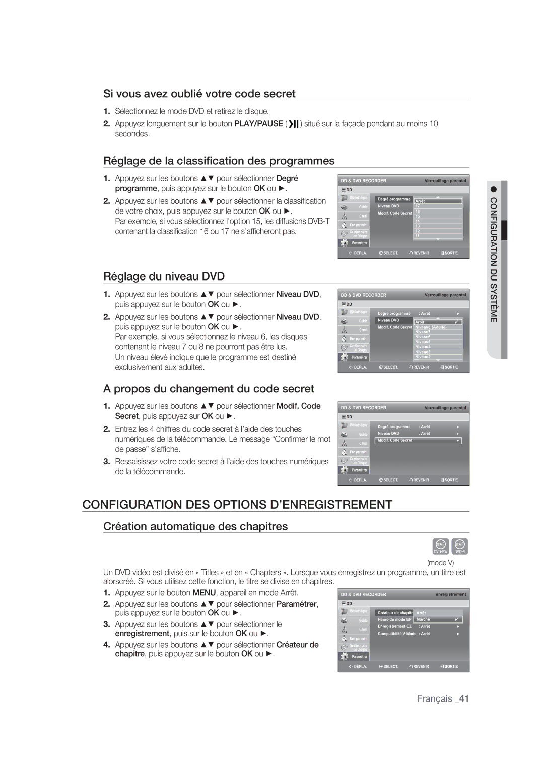 Samsung DVD-SH870/XEF manual Configuration DES Options D’ENREGISTREMENT 