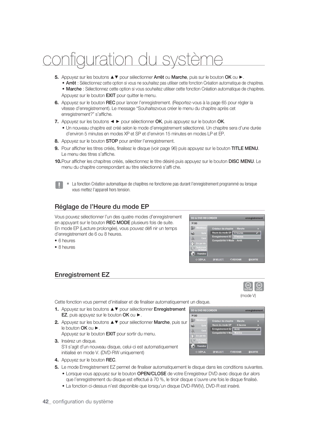 Samsung DVD-SH870/XEF manual Réglage de l’Heure du mode EP, Enregistrement EZ 