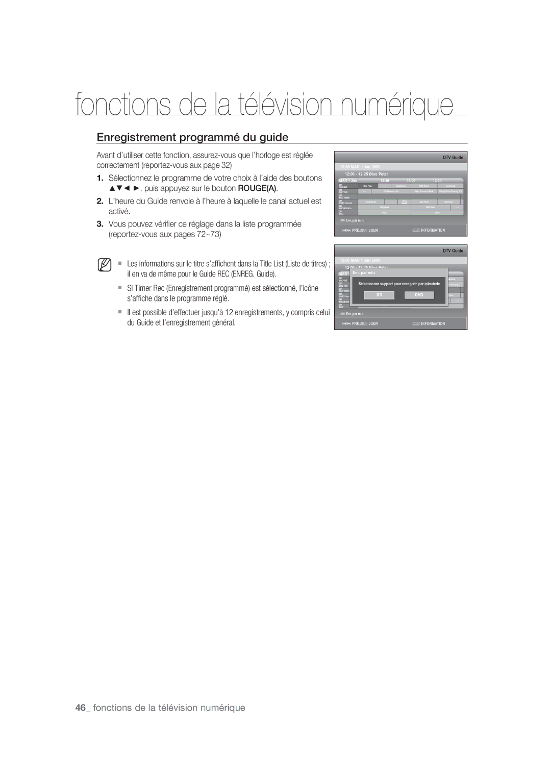 Samsung DVD-SH870/XEF manual Enregistrement programmé du guide, Dvd 