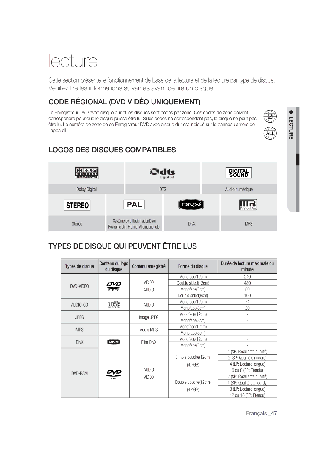 Samsung DVD-SH870/XEF manual Code Régional DVD Vidéo Uniquement, Logos DES Disques Compatibles, Lecture, MP3 