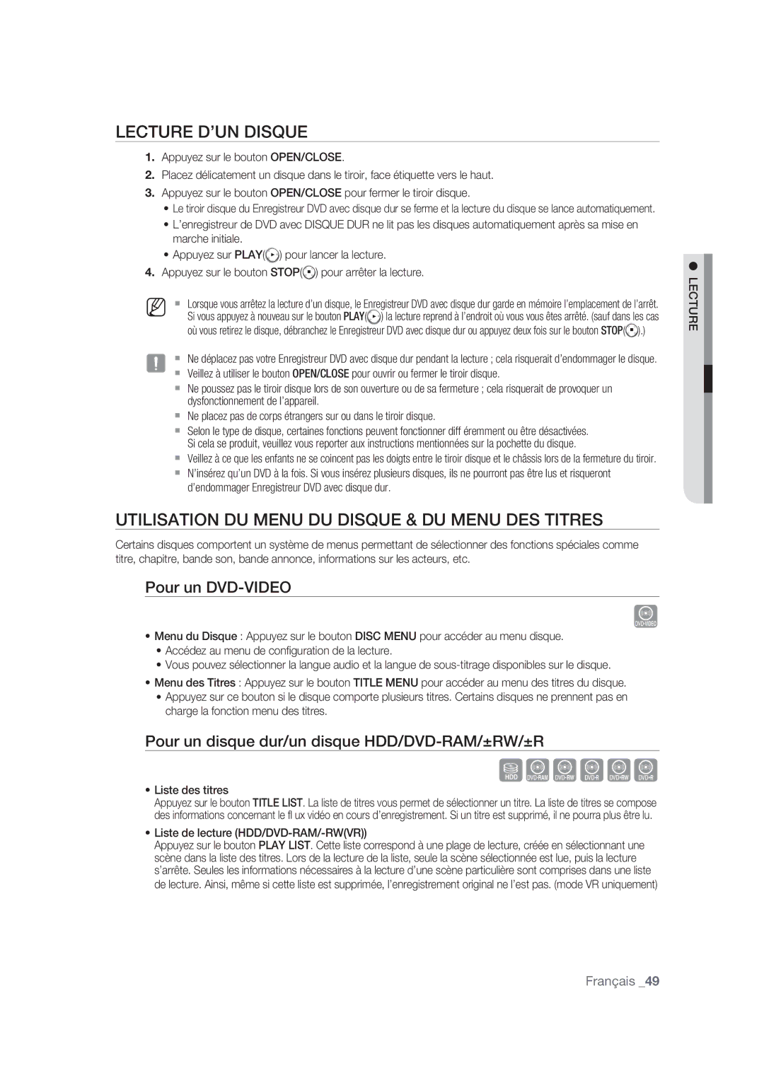 Samsung DVD-SH870/XEF manual Lecture D’UN Disque, Utilisation DU Menu DU Disque & DU Menu DES Titres, Pour un DVD-VIDEO 