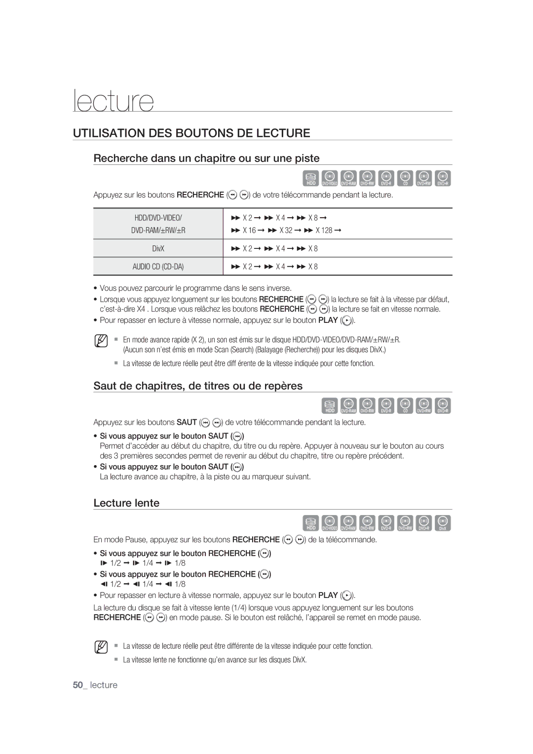 Samsung DVD-SH870/XEF manual Utilisation DES Boutons DE Lecture, Recherche dans un chapitre ou sur une piste, Lecture lente 