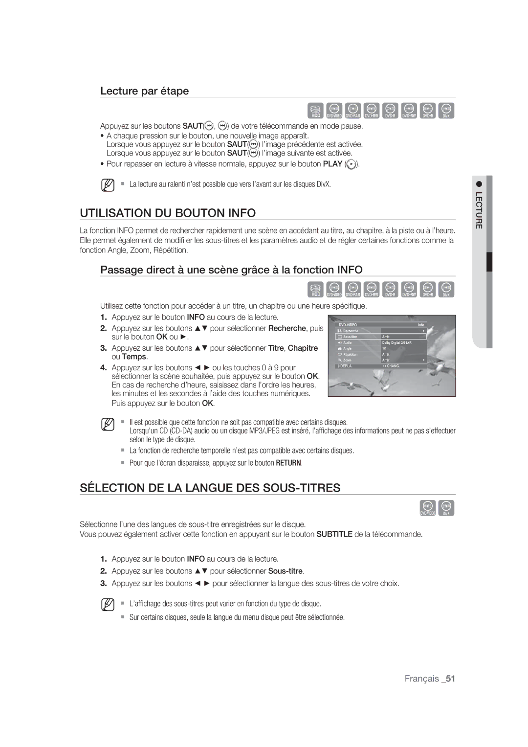 Samsung DVD-SH870/XEF manual Utilisation DU Bouton Info, Sélection DE LA Langue DES SOUS-TITRES, Lecture par étape 