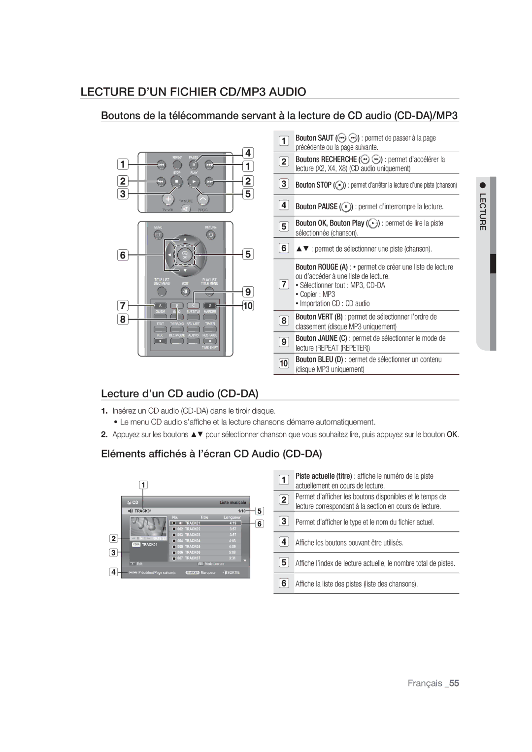 Samsung DVD-SH870/XEF manual Lecture D’UN Fichier CD/MP3 Audio, Lecture d’un CD audio CD-DA 