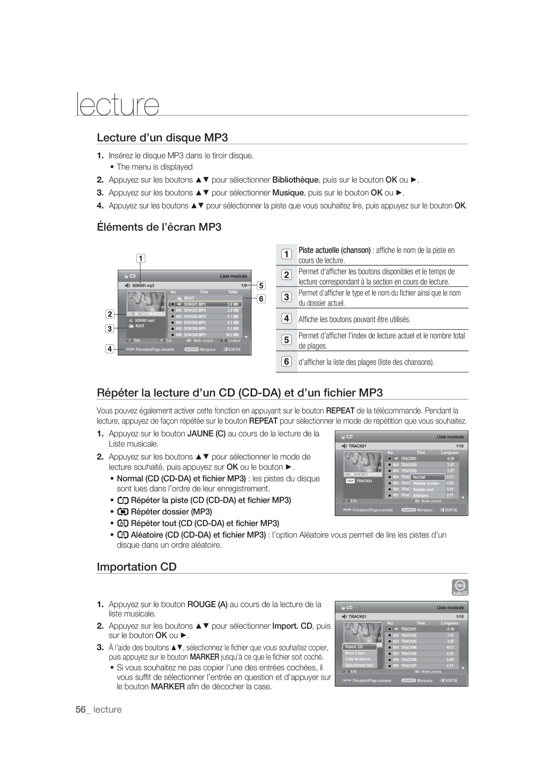 Samsung DVD-SH870/XEF manual Lecture d’un disque MP3, Éléments de l’écran MP3, Importation CD 