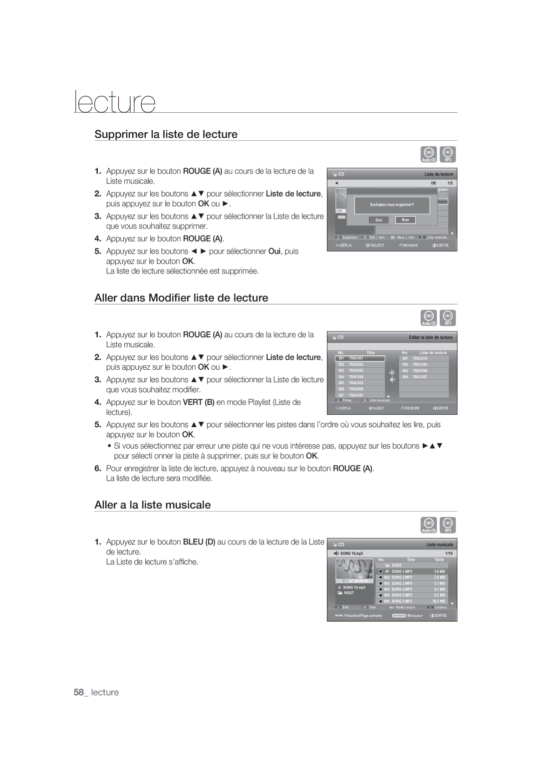 Samsung DVD-SH870/XEF manual Supprimer la liste de lecture, Aller dans Modiﬁer liste de lecture, Aller a la liste musicale 