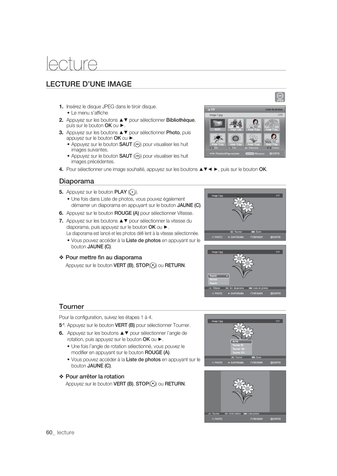 Samsung DVD-SH870/XEF manual Lecture D’UNE Image, Diaporama, Tourner, Appuyez sur les boutons pour sélectionner Photo, puis 