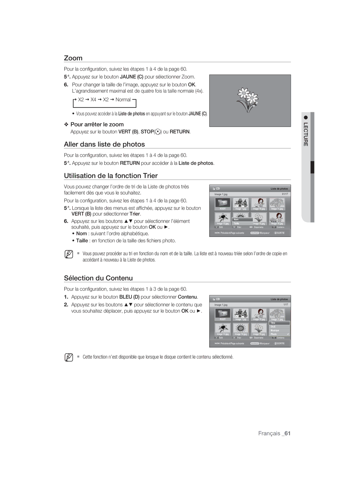 Samsung DVD-SH870/XEF manual Zoom, Aller dans liste de photos, Pour la conﬁguration, suivez les étapes 1 à 3 de la 