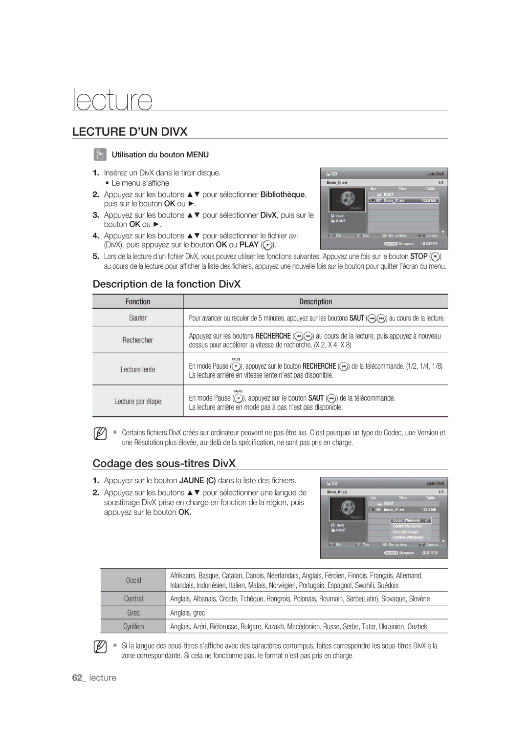 Samsung DVD-SH870/XEF manual Lecture D’UN Divx, Description de la fonction DivX, Codage des sous-titres DivX 