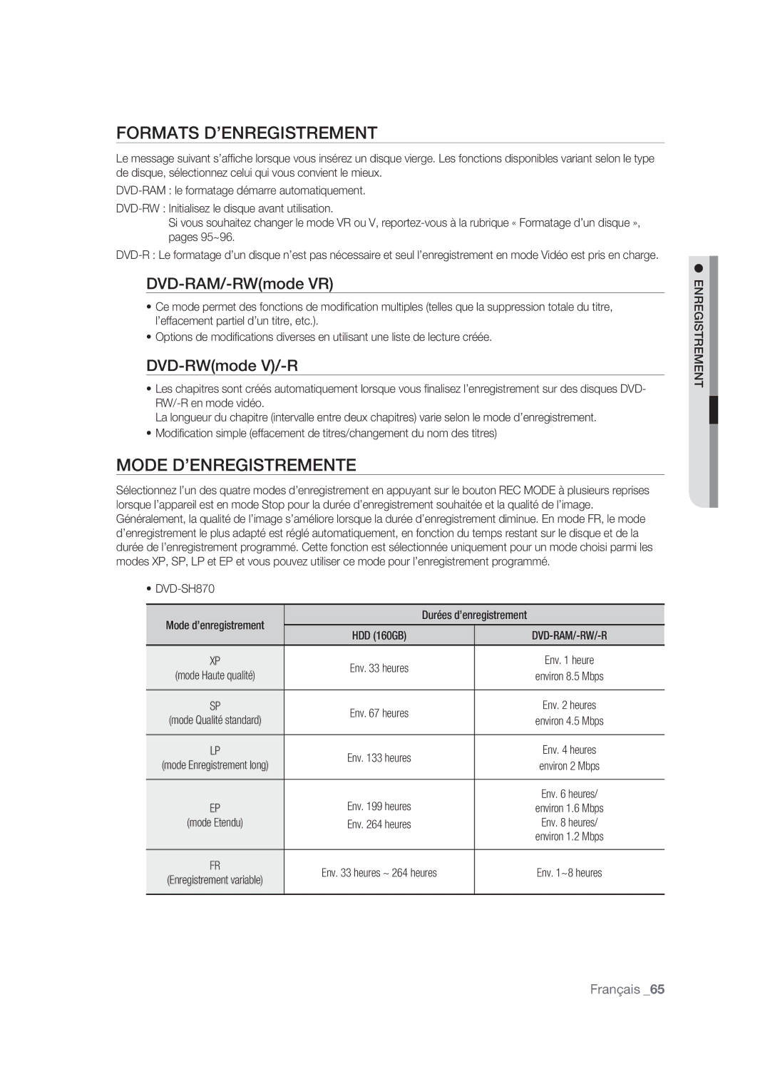 Samsung DVD-SH870/XEF manual Formats D’ENREGISTREMENT, Mode D’ENREGISTREMENTE, DVD-RAM/-RWmode VR, DVD-RWmode V/-R 