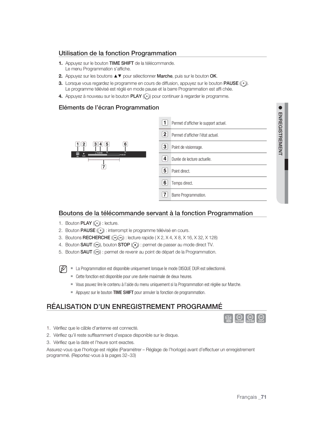 Samsung DVD-SH870/XEF manual Réalisation D’UN Enregistrement Programmé, Utilisation de la fonction Programmation 