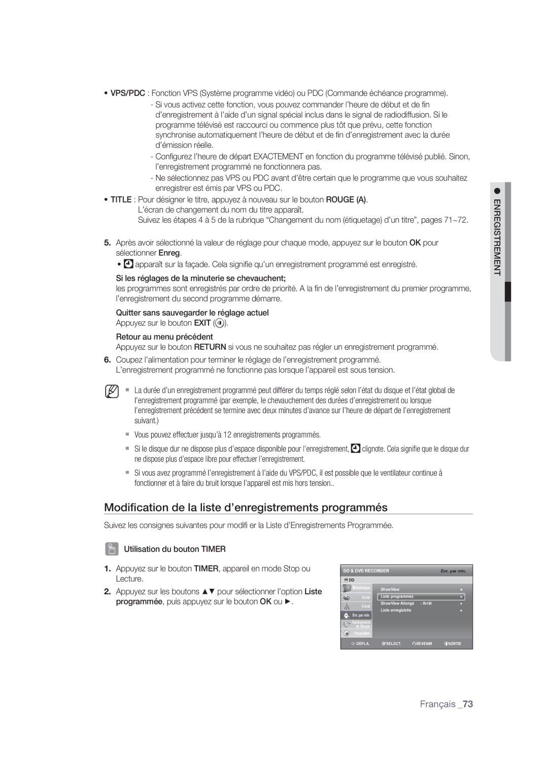 Samsung DVD-SH870/XEF manual Modiﬁcation de la liste d’enregistrements programmés 