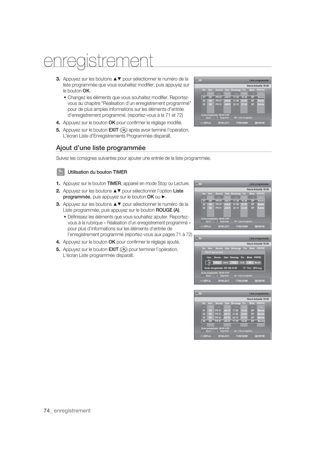 Samsung DVD-SH870/XEF manual Ajout d’une liste programmée 