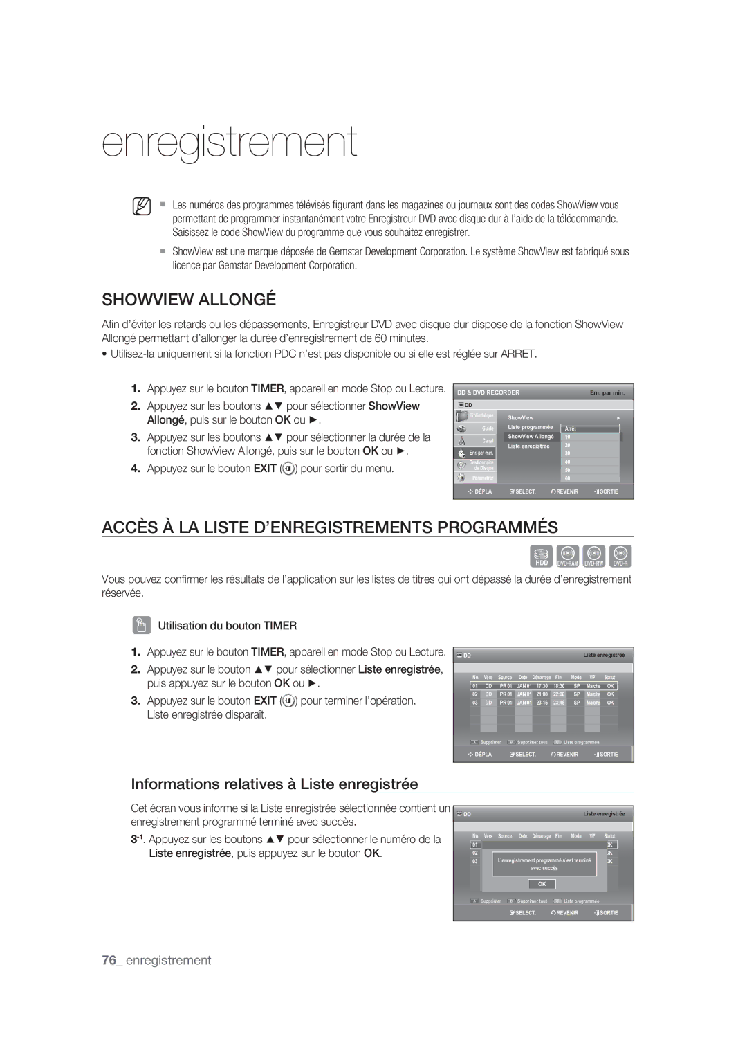 Samsung DVD-SH870/XEF manual Showview Allongé, Accès À LA Liste D’ENREGISTREMENTS Programmés 