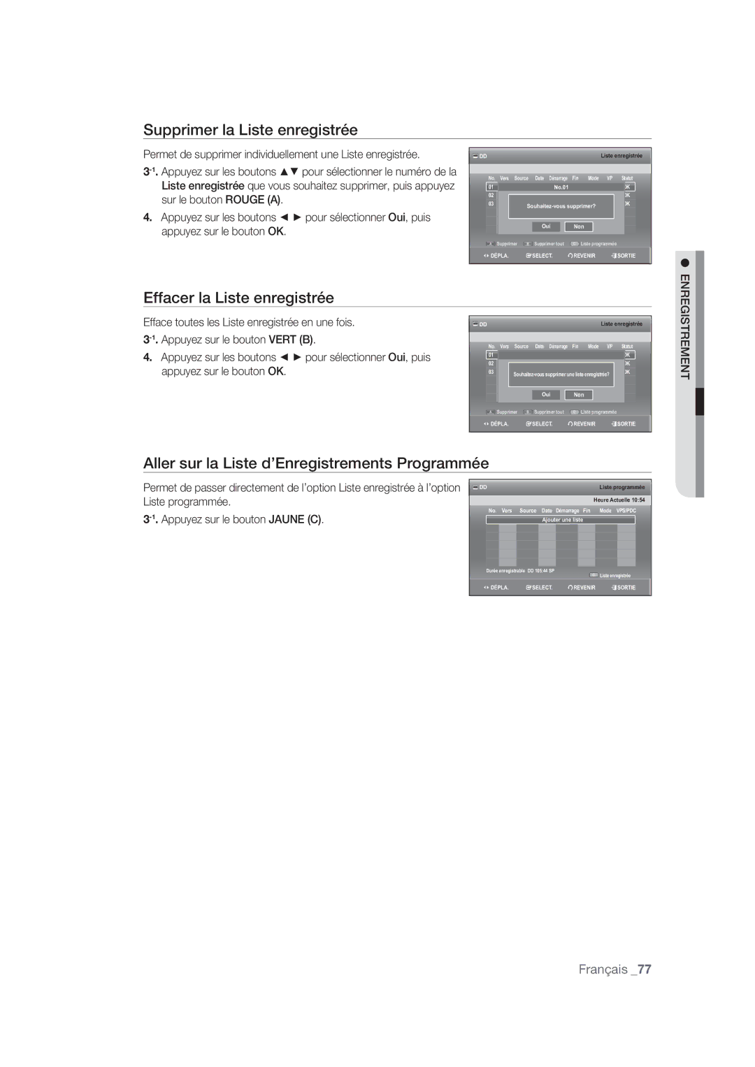 Samsung DVD-SH870/XEF manual Supprimer la Liste enregistrée, Effacer la Liste enregistrée, Liste programmée 