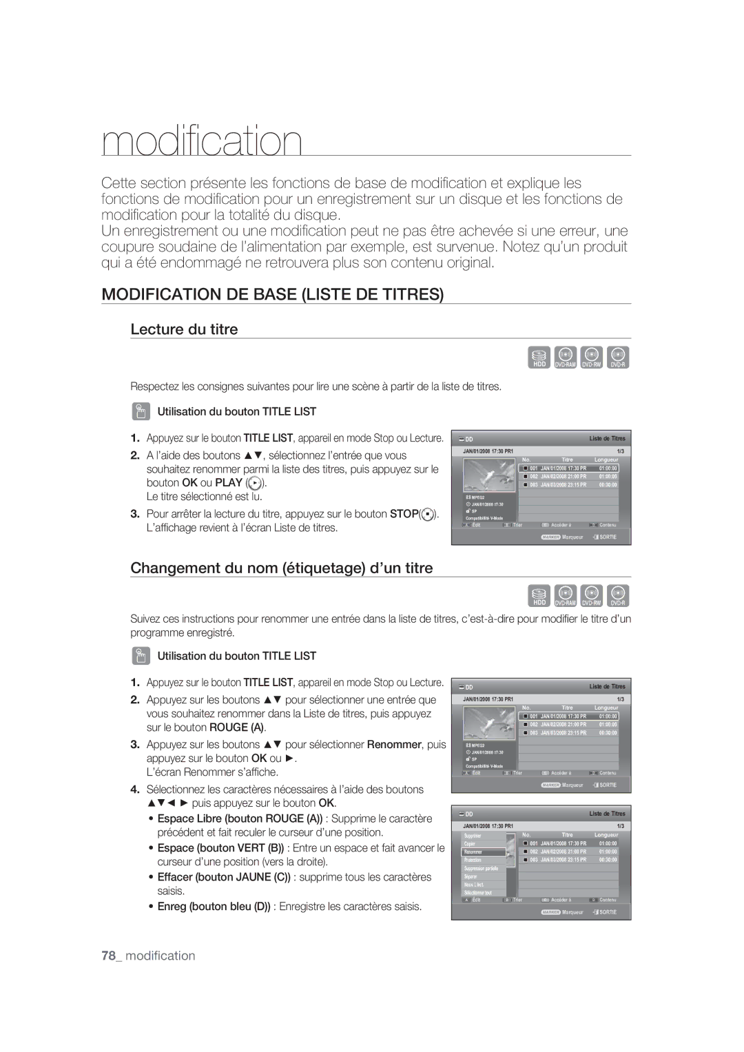 Samsung DVD-SH870/XEF Modification DE Base Liste DE Titres, Lecture du titre, Changement du nom étiquetage d’un titre 