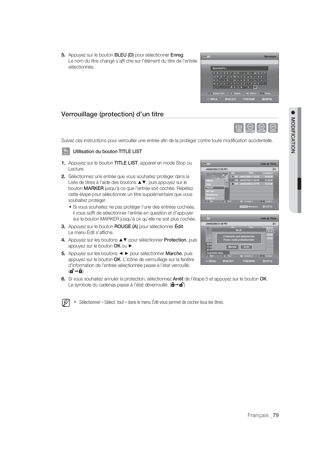 Samsung DVD-SH870/XEF manual Verrouillage protection d’un titre, Sélectionner1 tout 