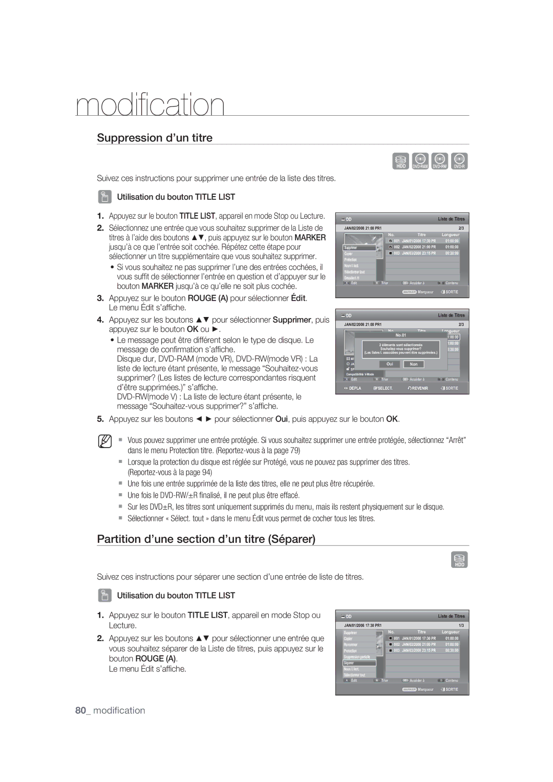 Samsung DVD-SH870/XEF manual Suppression d’un titre, Partition d’une section d’un titre Séparer, Lecture, Bouton Rouge a 