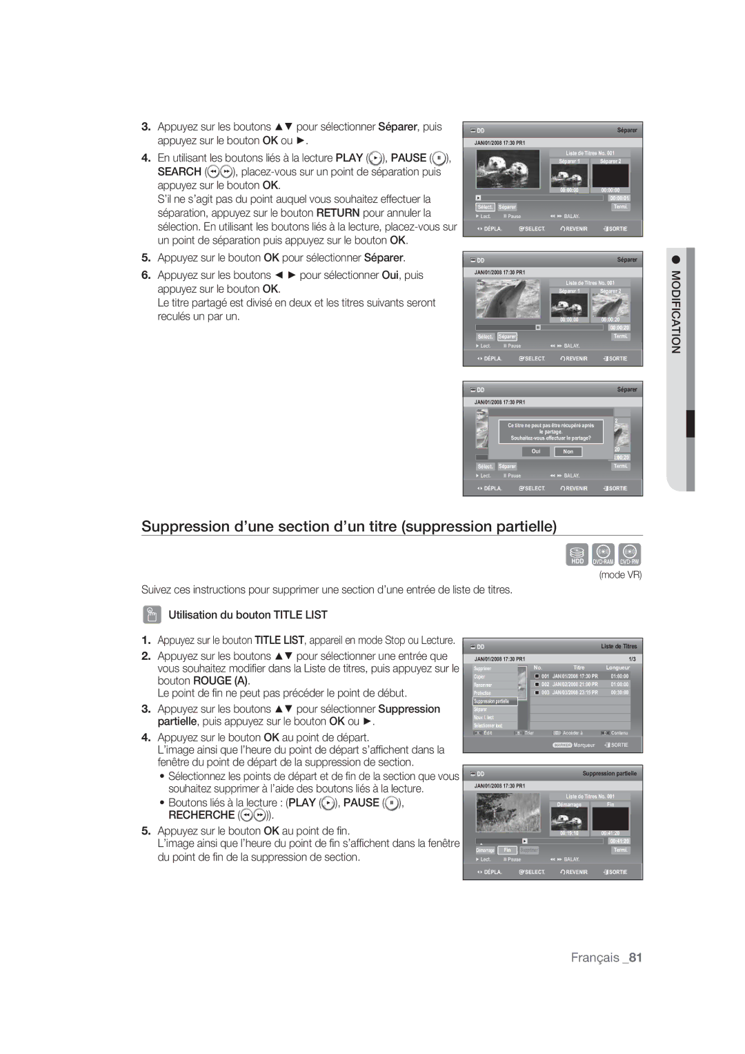 Samsung DVD-SH870/XEF manual Suppression d’une section d’un titre suppression partielle 