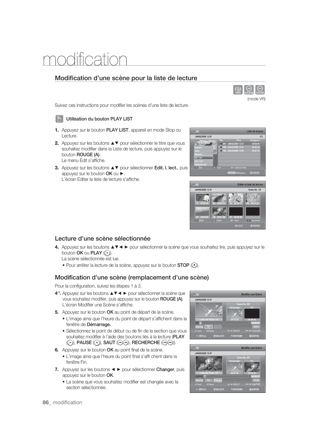 Samsung DVD-SH870/XEF manual Modiﬁcation d’une scène pour la liste de lecture, Lecture d’une scène sélectionnée 