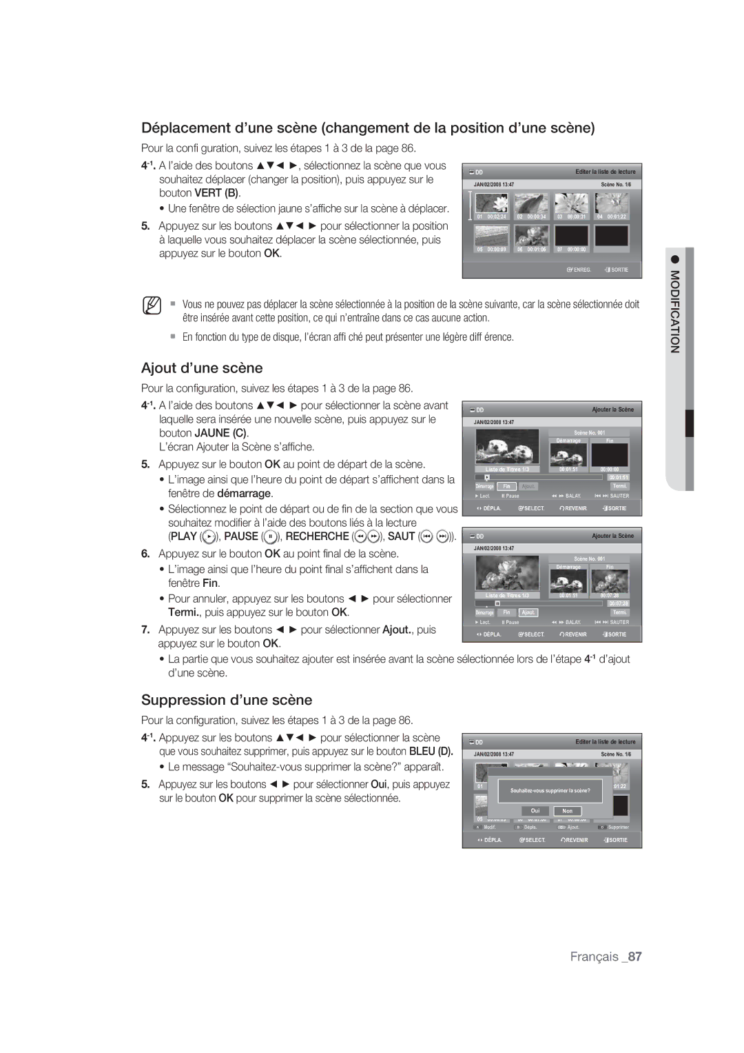 Samsung DVD-SH870/XEF manual Ajout d’une scène, Suppression d’une scène 