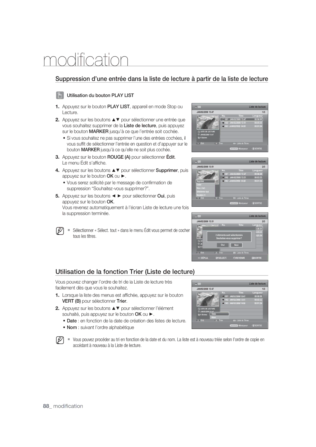 Samsung DVD-SH870/XEF manual Utilisation de la fonction Trier Liste de lecture, 001 JAN/02/2008 000609 002 000333 000154 