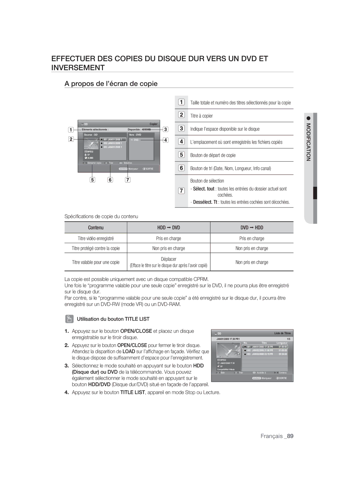 Samsung DVD-SH870/XEF manual Propos de l’écran de copie, Titre à copier Indique l’espace disponible sur le disque 