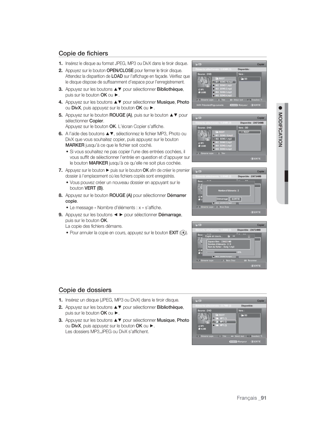 Samsung DVD-SH870/XEF manual Copie de ﬁchiers, Copie de dossiers 