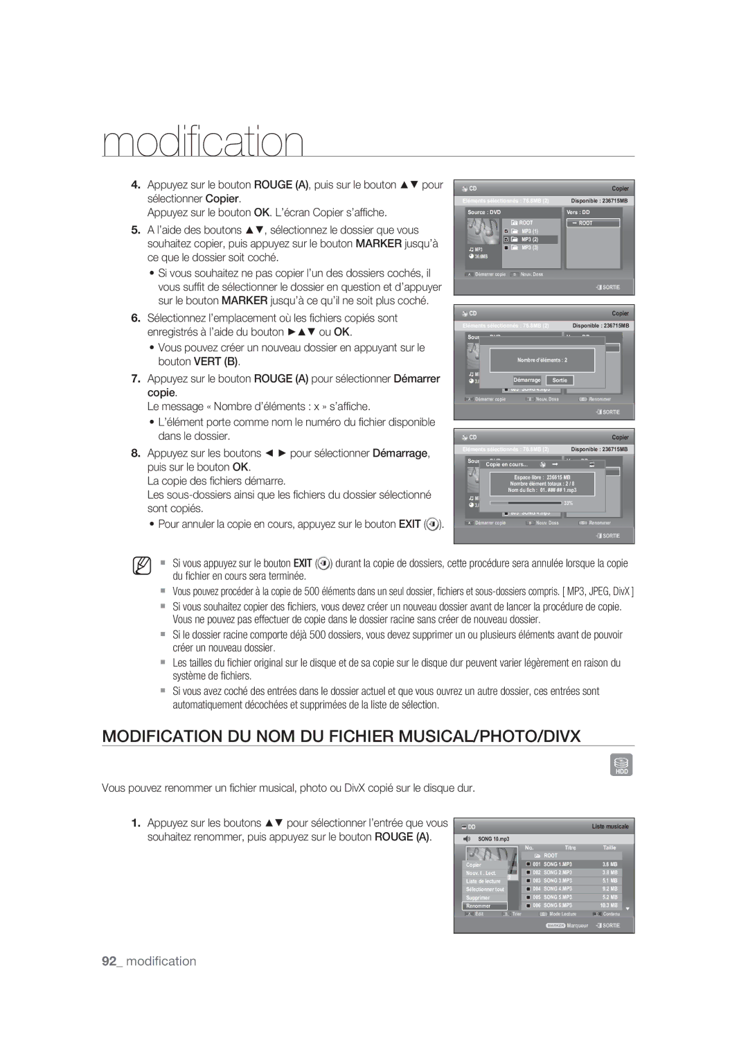 Samsung DVD-SH870/XEF Modification DU NOM DU Fichier MUSICAL/PHOTO/DIVX, Song 3.MP3, Song 4.MP3, Song 5.MP3, Song 6.MP3 