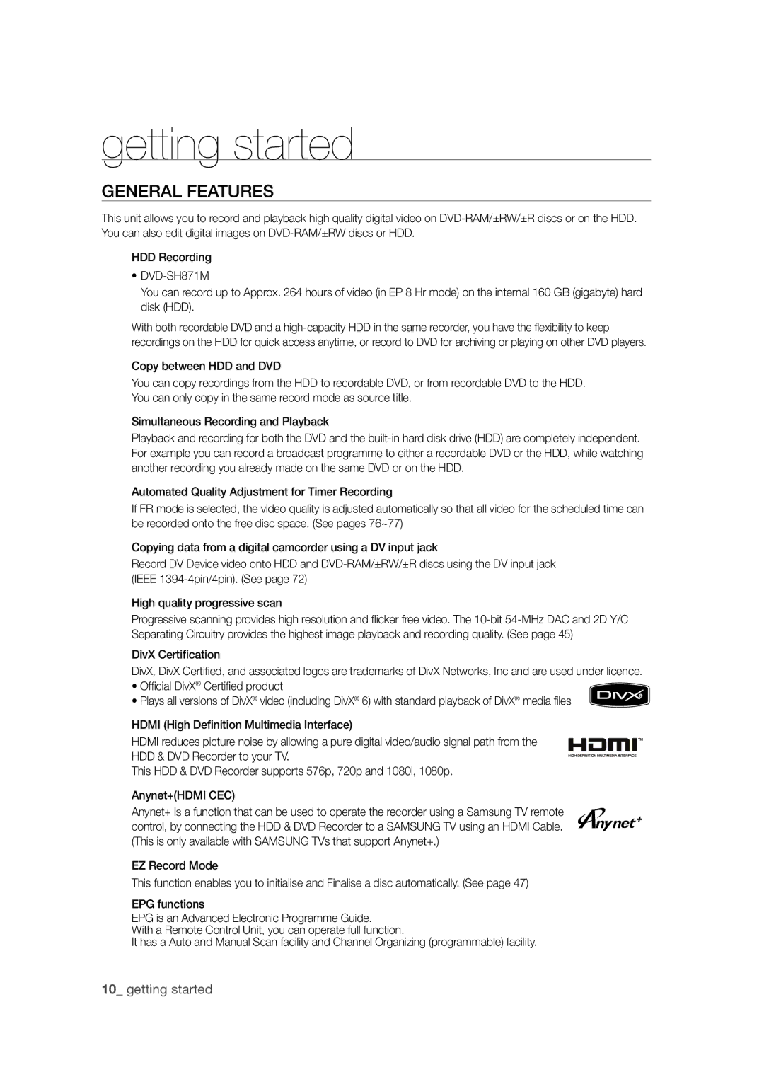 Samsung DVD-SH871M/XEU manual General Features, DivX Certiﬁcation 