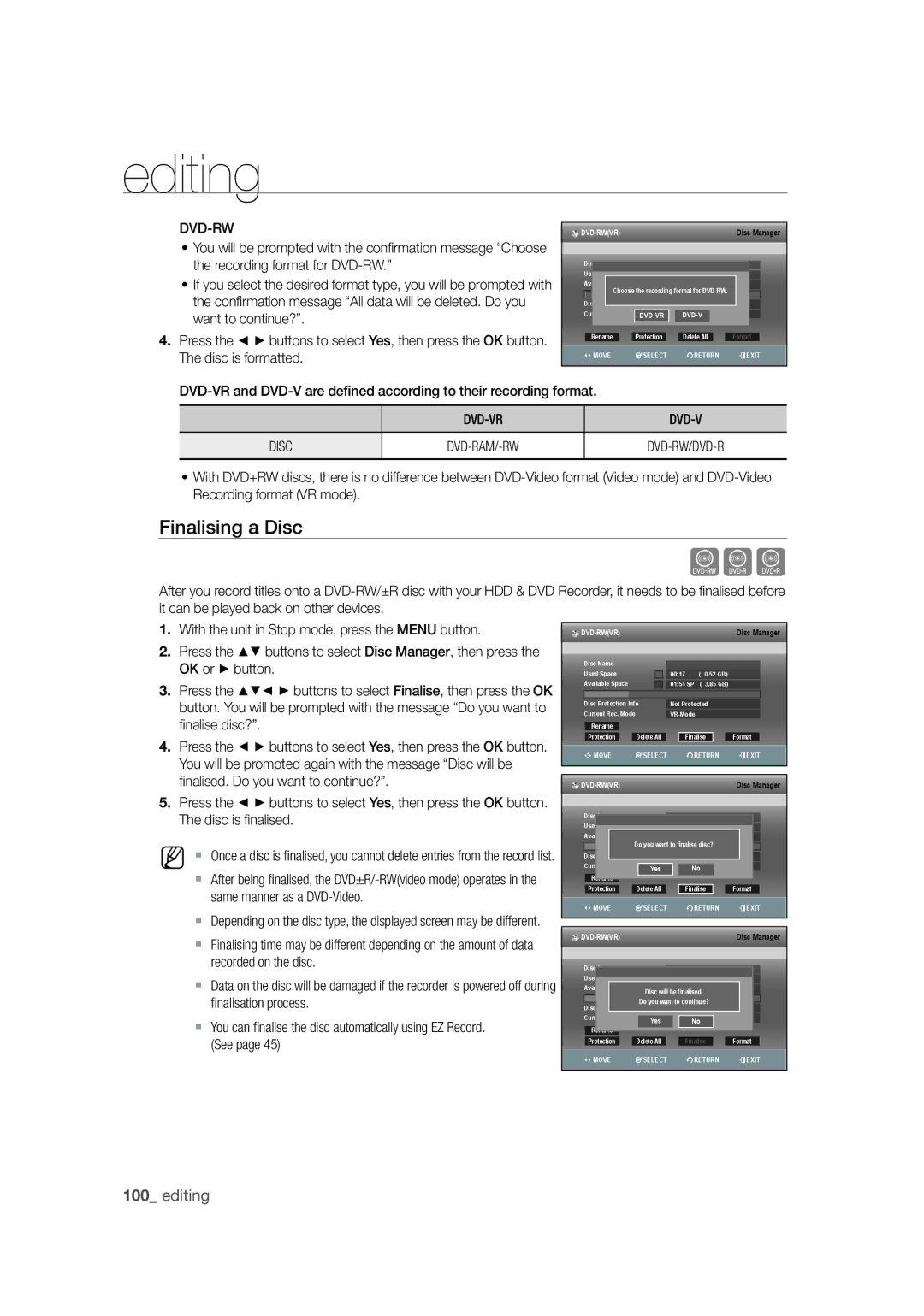 Samsung DVD-SH871M/XEU manual Cvl, Finalising a Disc, Dvd-Rw, DVD-VR Disc, Nalise disc? 