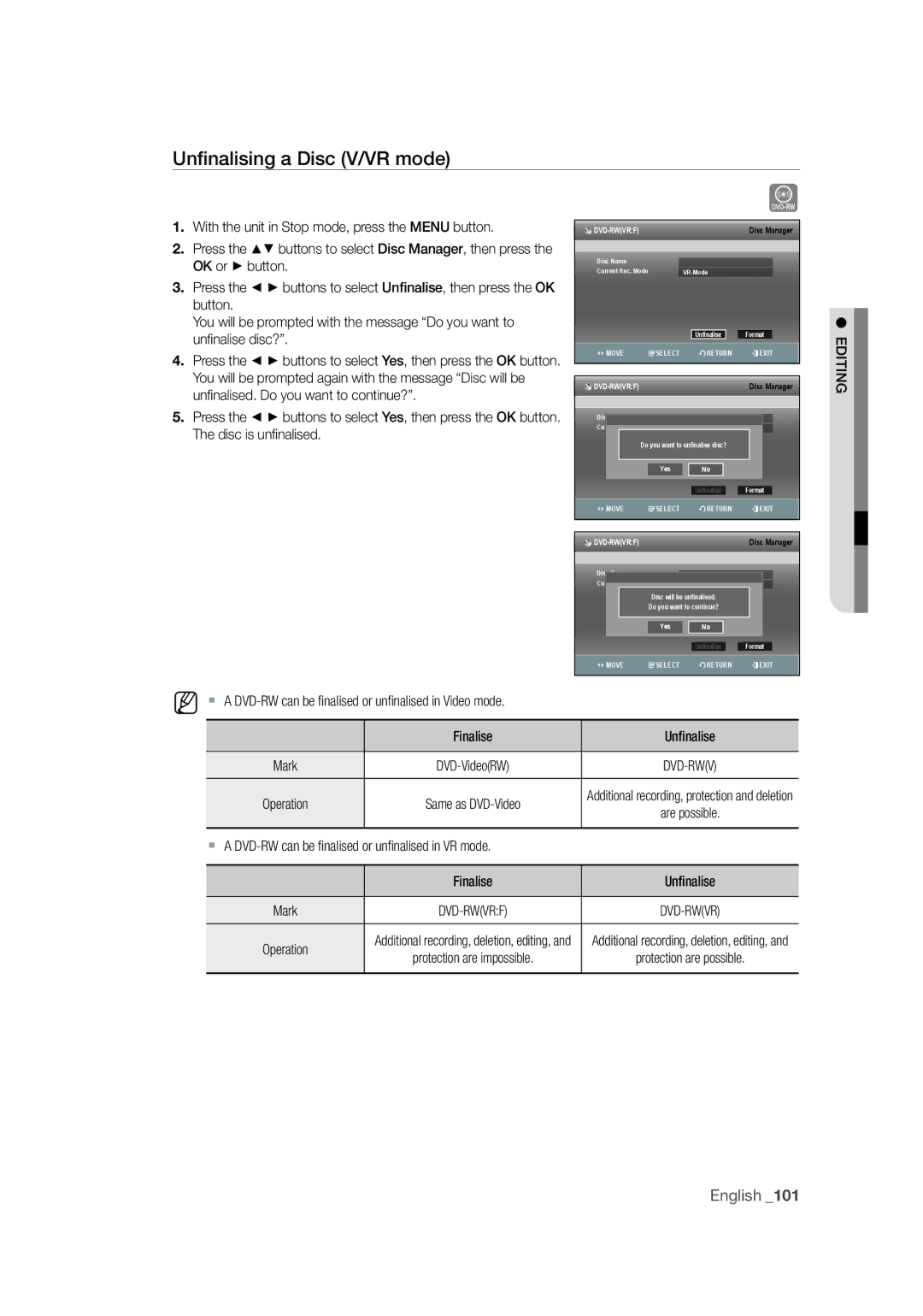 Samsung DVD-SH871M/XEU manual Unﬁnalising a Disc V/VR mode 