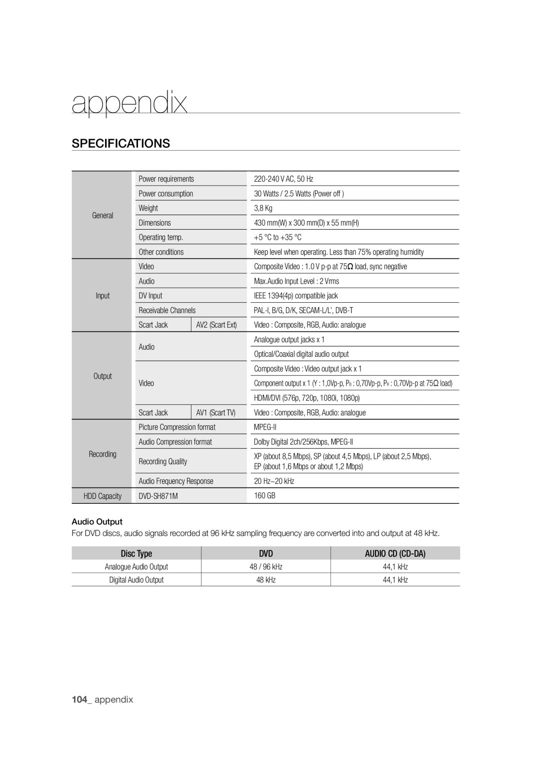 Samsung DVD-SH871M/XEU manual Specifications, Pal-I, B/G, D/K, Secam-L/L’, Dvb-T, Mpeg-Ii 