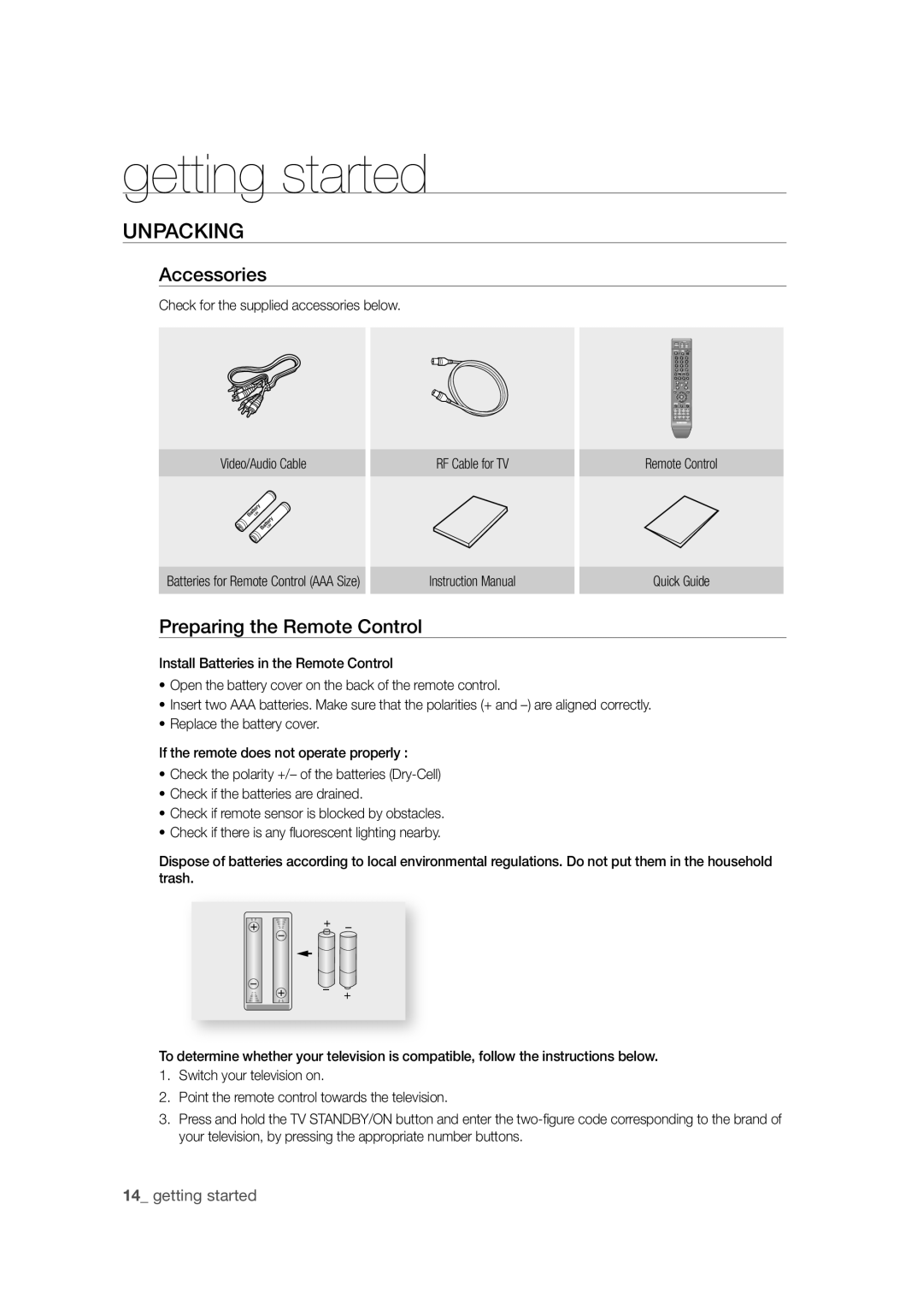 Samsung DVD-SH871M/XEU manual Unpacking, Accessories, Preparing the Remote Control, Quick Guide 