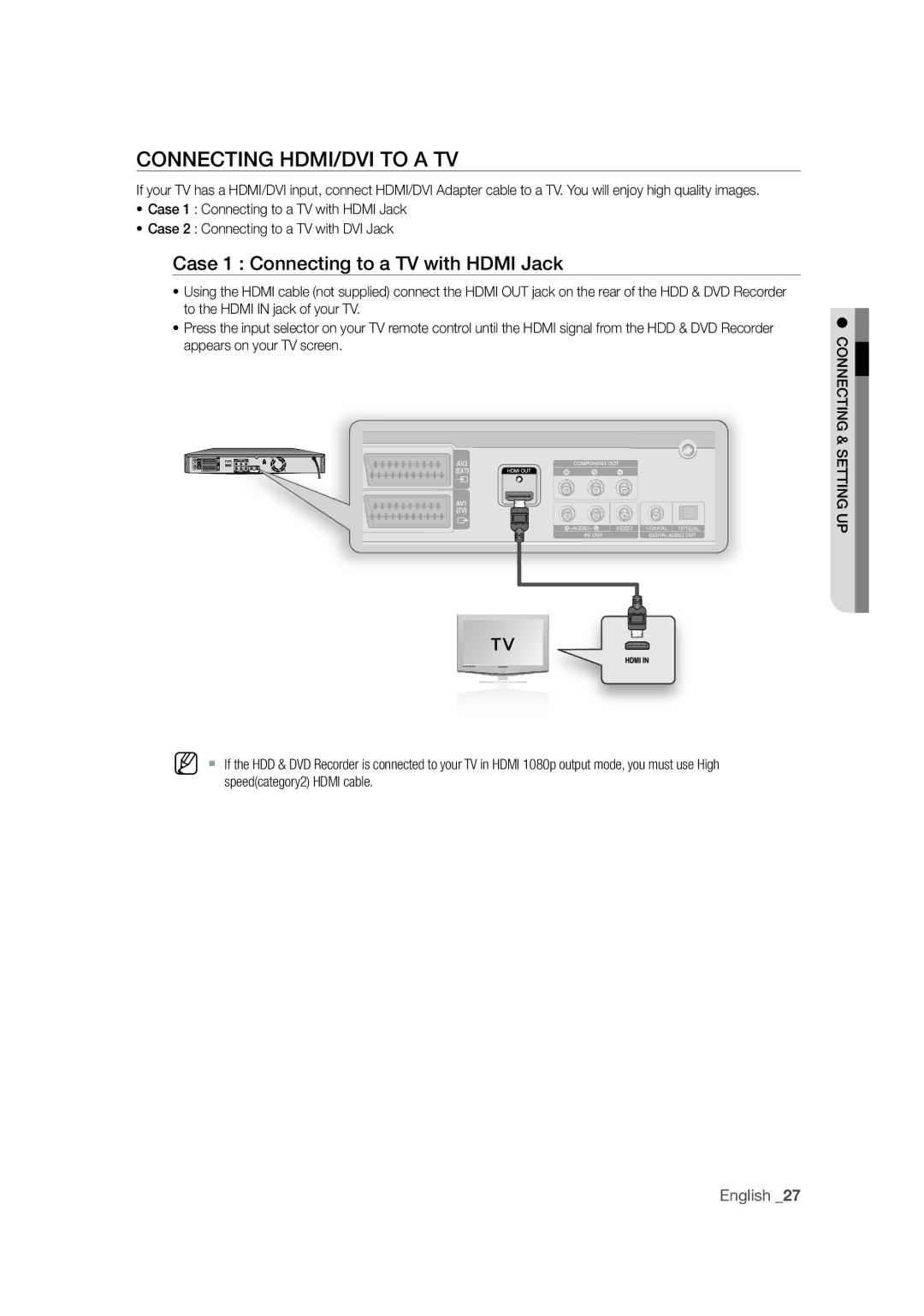 Samsung DVD-SH871M/XEU manual Connecting HDMI/DVI to a TV, Case 1 Connecting to a TV with Hdmi Jack 