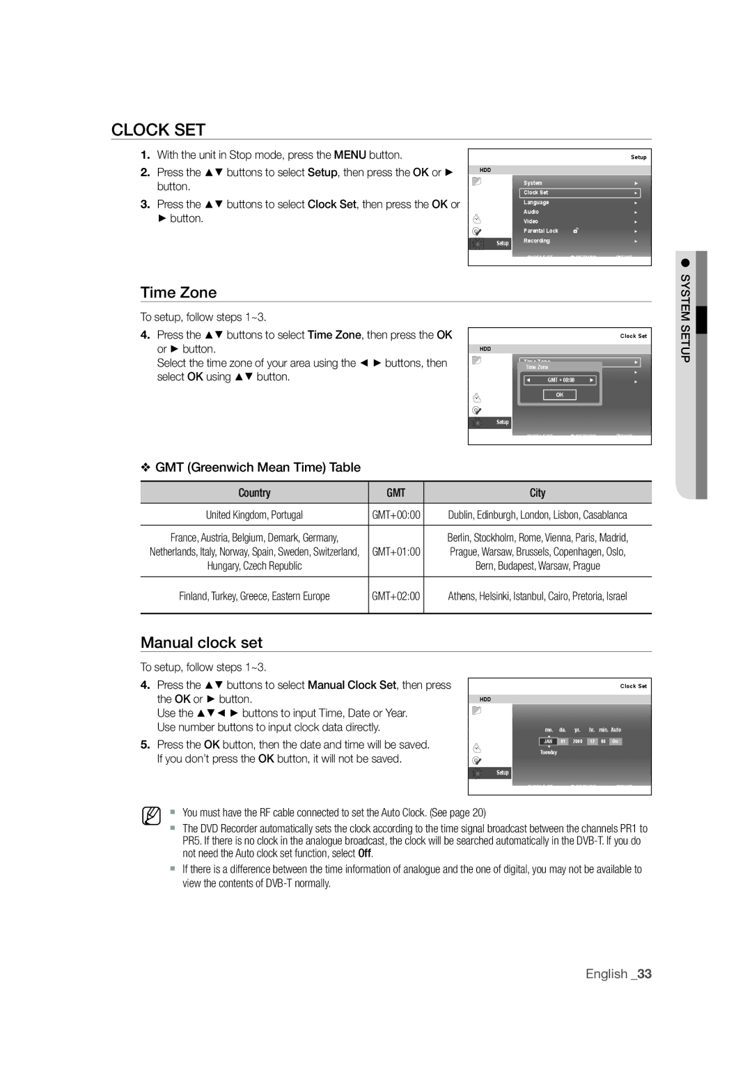 Samsung DVD-SH871M/XEU manual Clock SET, Time Zone, Manual clock set, Setup, GMT+0200 