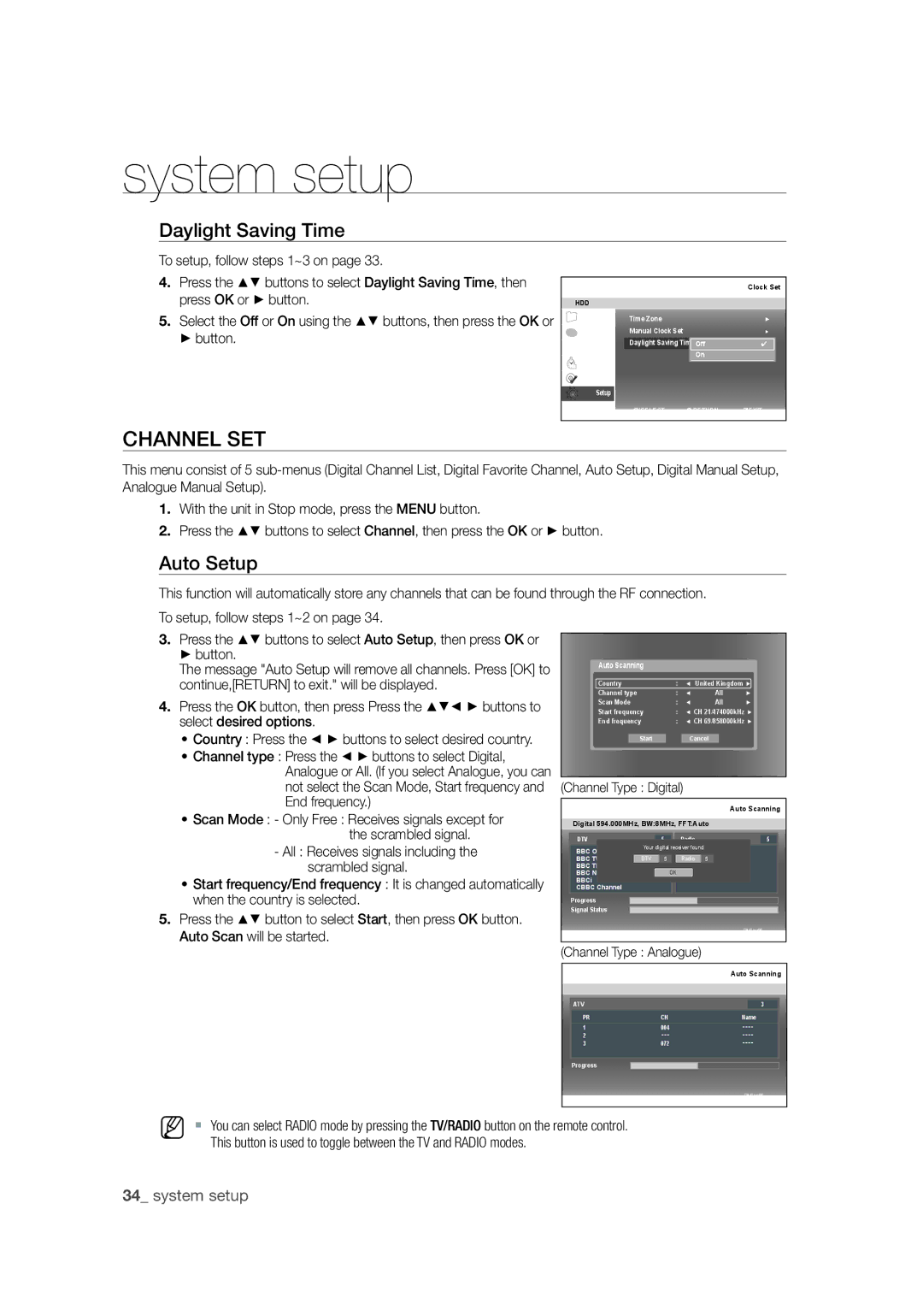 Samsung DVD-SH871M/XEU Channel SET, Daylight Saving Time, Auto Setup, All Receives signals including the scrambled signal 