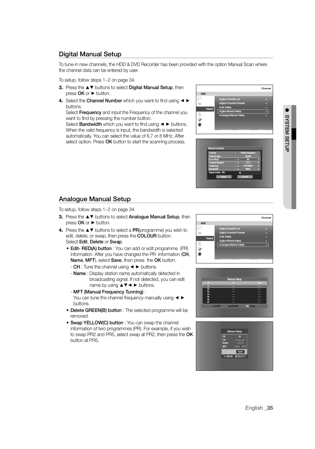 Samsung DVD-SH871M/XEU manual Digital Manual Setup, Analogue Manual Setup, Select Edit, Delete or Swap 