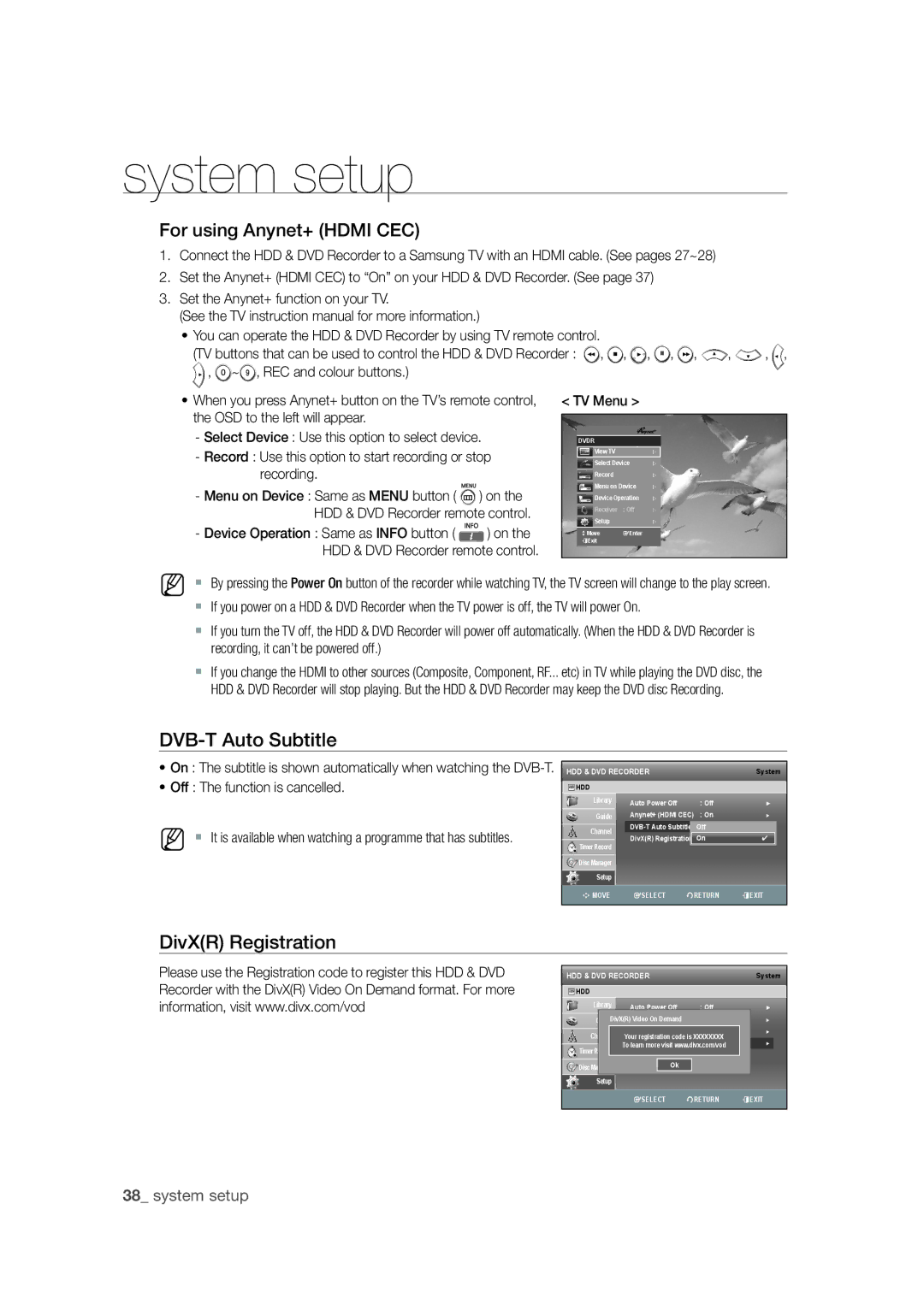 Samsung DVD-SH871M/XEU manual For using Anynet+ Hdmi CEC, DVB-T Auto Subtitle, DivXR Registration, TV Menu 